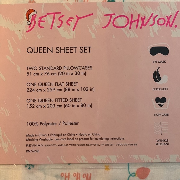 Betsey Johnson Pastel Christmas Sheet Set + Eye Mask Pink Candy Cane NEW Queen - Picture 2 of 3